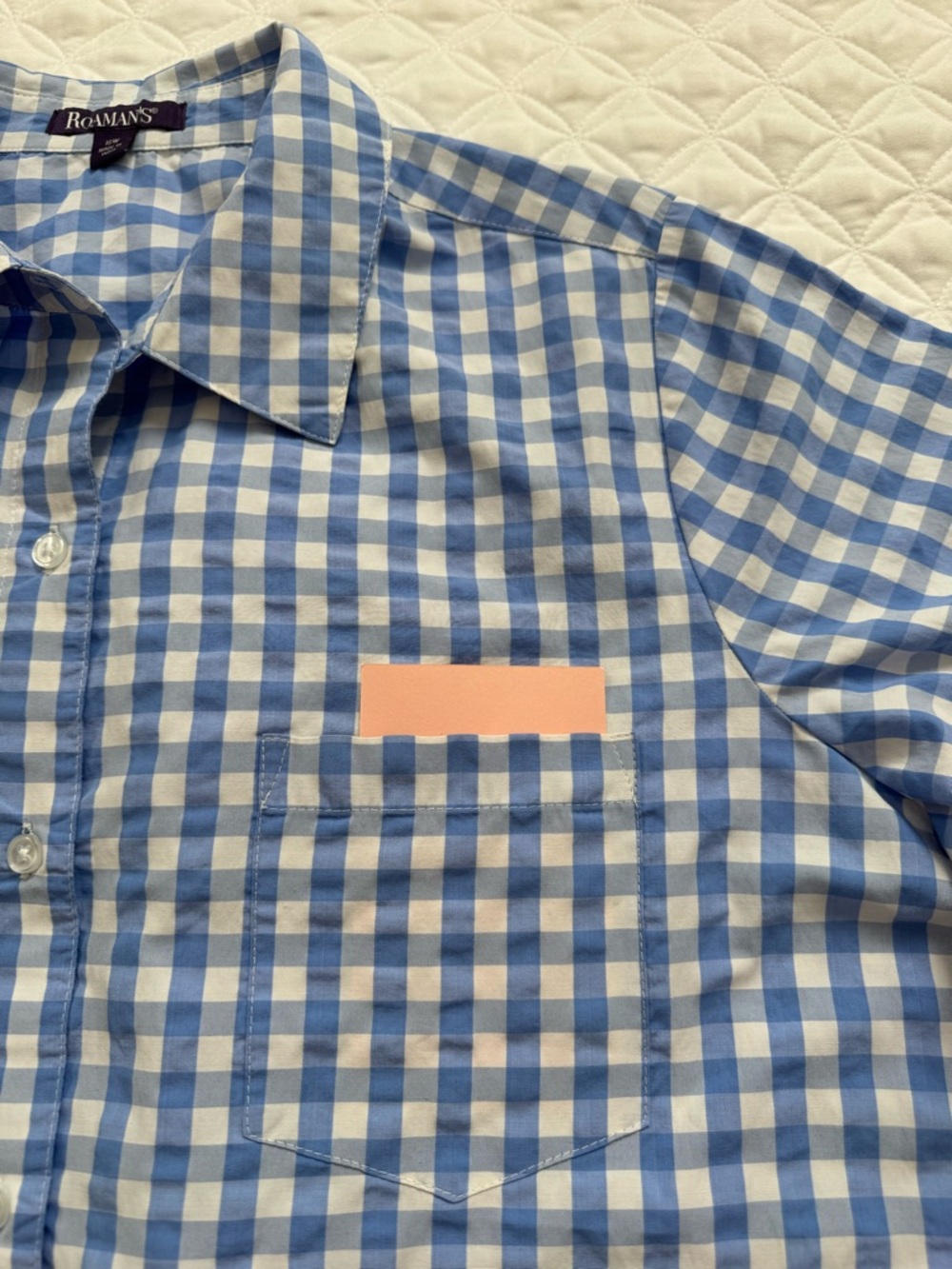 Roaman's Blue White Gingham Check Button-Down Tie Short Sleeve Shirt Size 18W - Picture 6 of 15